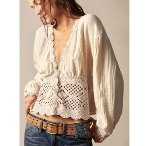 Rouge! Cream Crochet Trim Button-Front Blouse